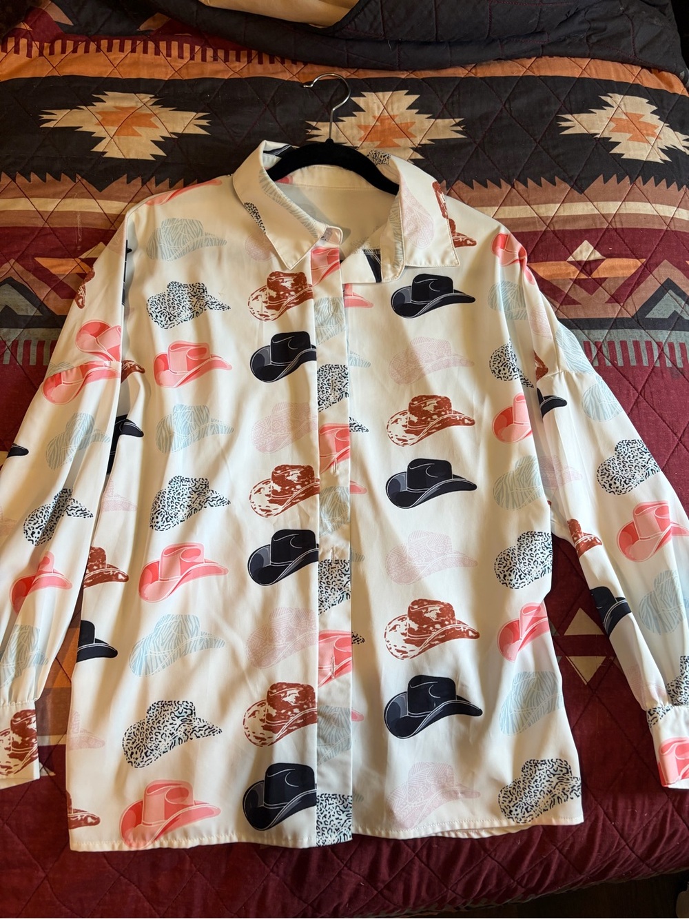 Women’s White Western Hat Print Button-Up Shirt